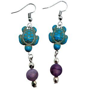 Howlite turtle dyed agate handmade earrings pierced silver tone ear wires